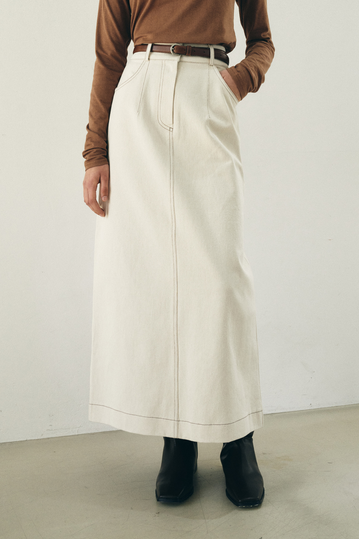 Natural cotton stitch long skirt - natural