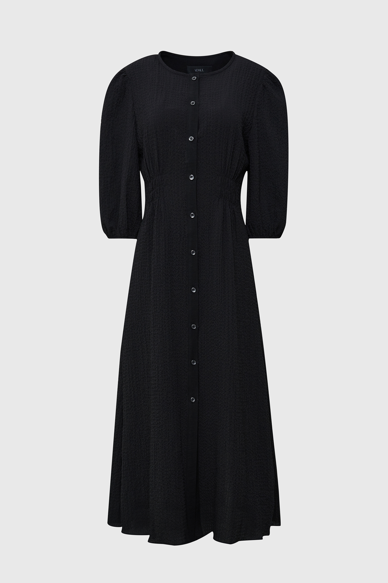 Seersucker shirring long dress - black