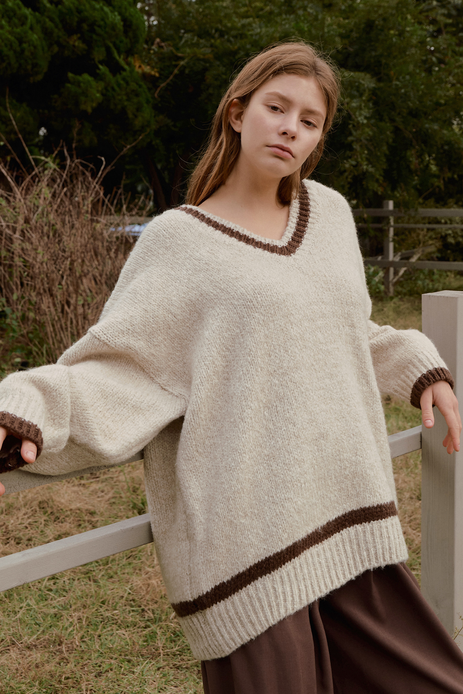 Over fit point line knit - oatmeal