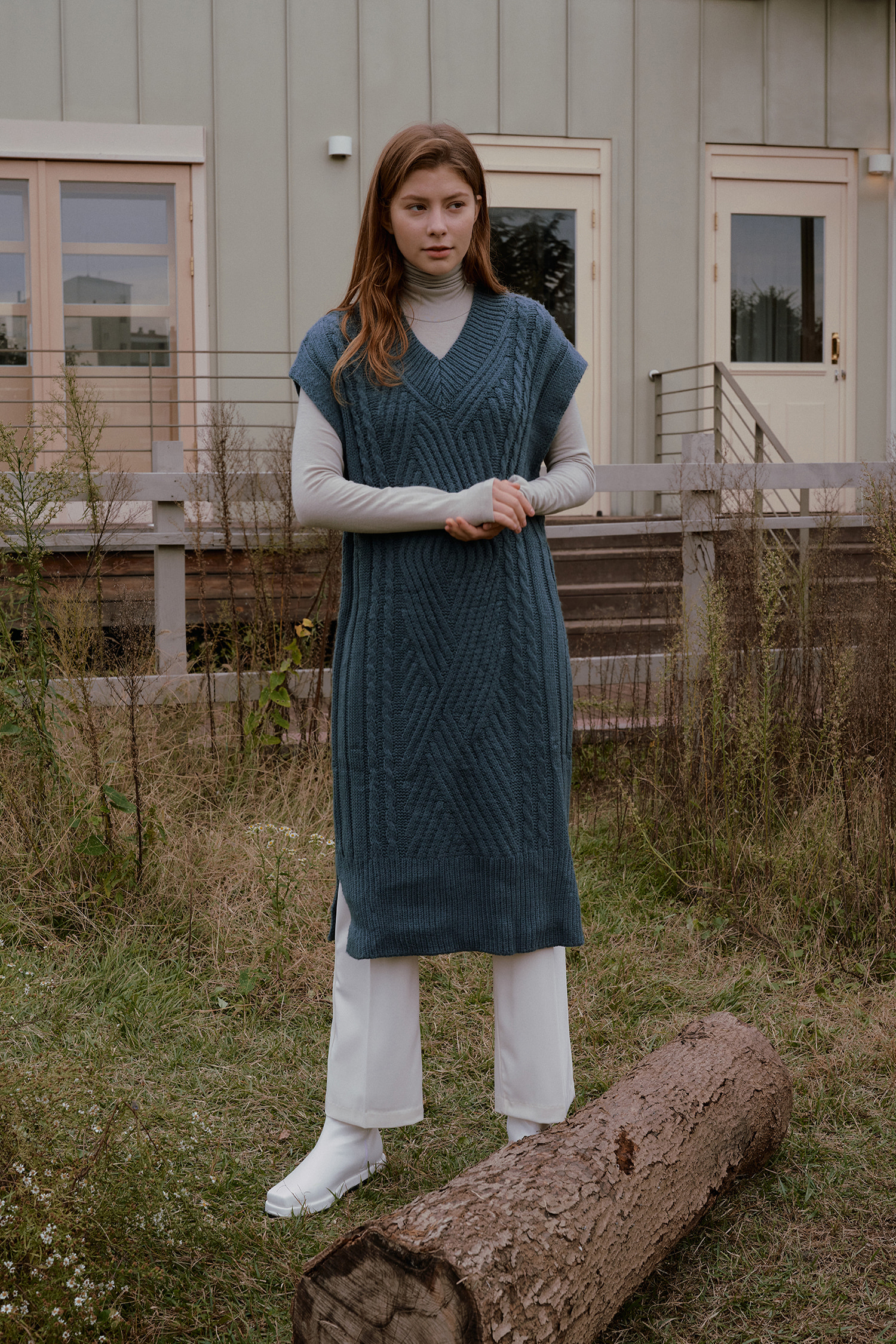 Cable mix knit dress - blue green