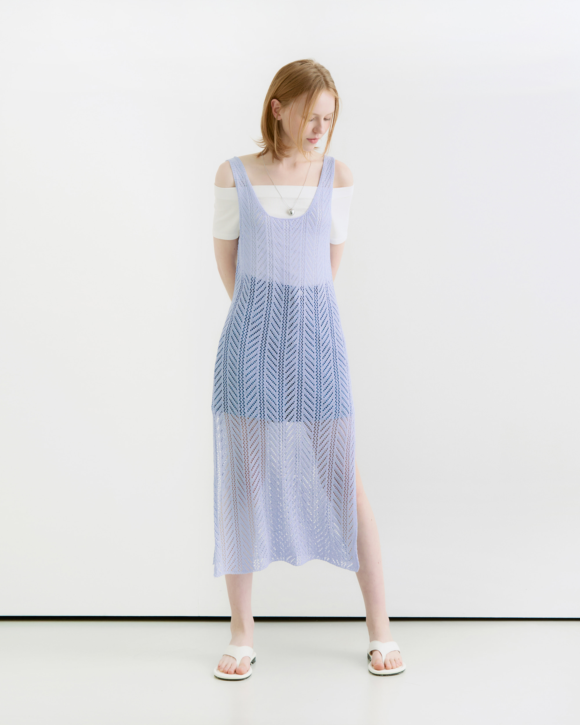 Netting pattern layered slit long dress - coolblue