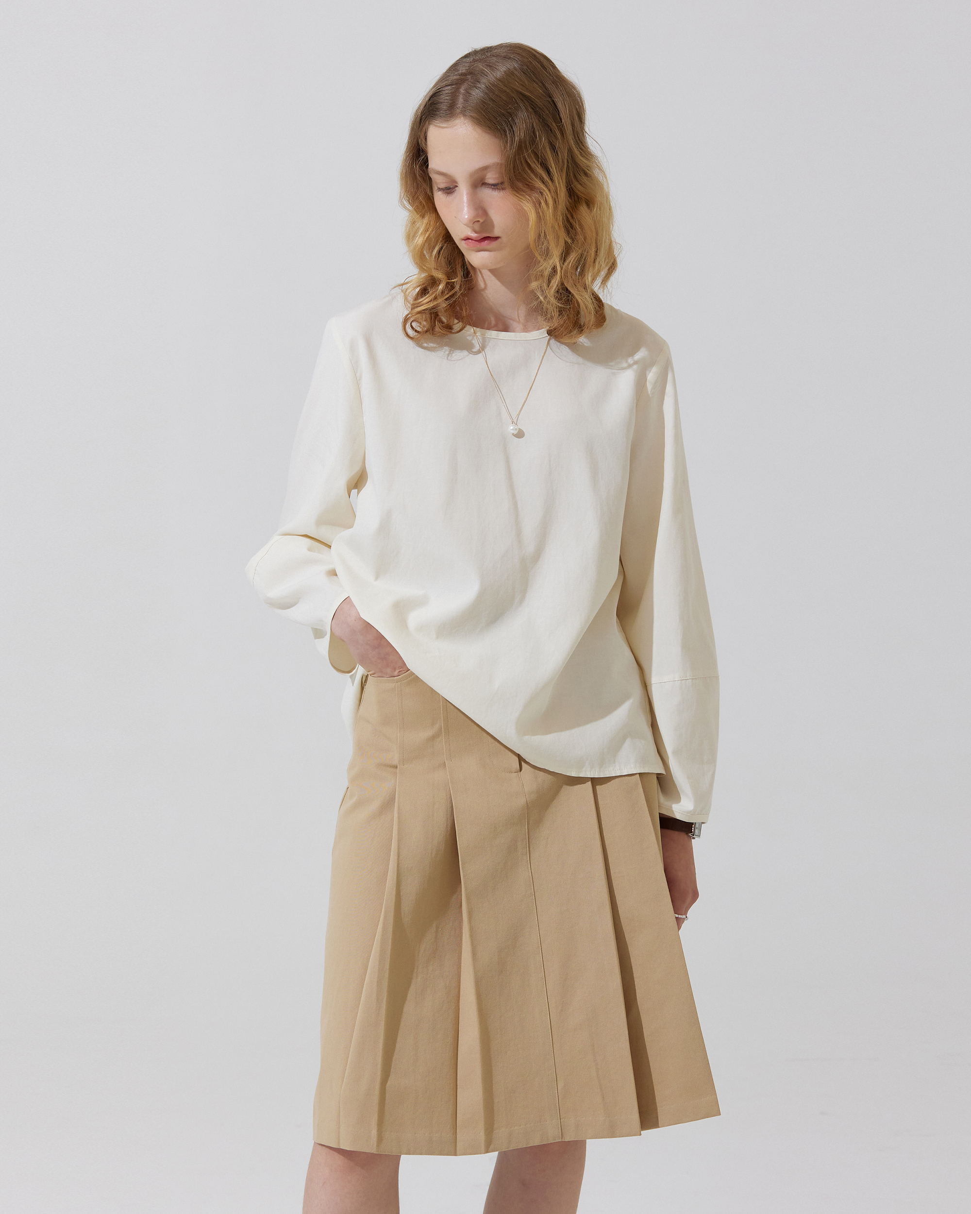 Slan back button pleats midi skirt - beige