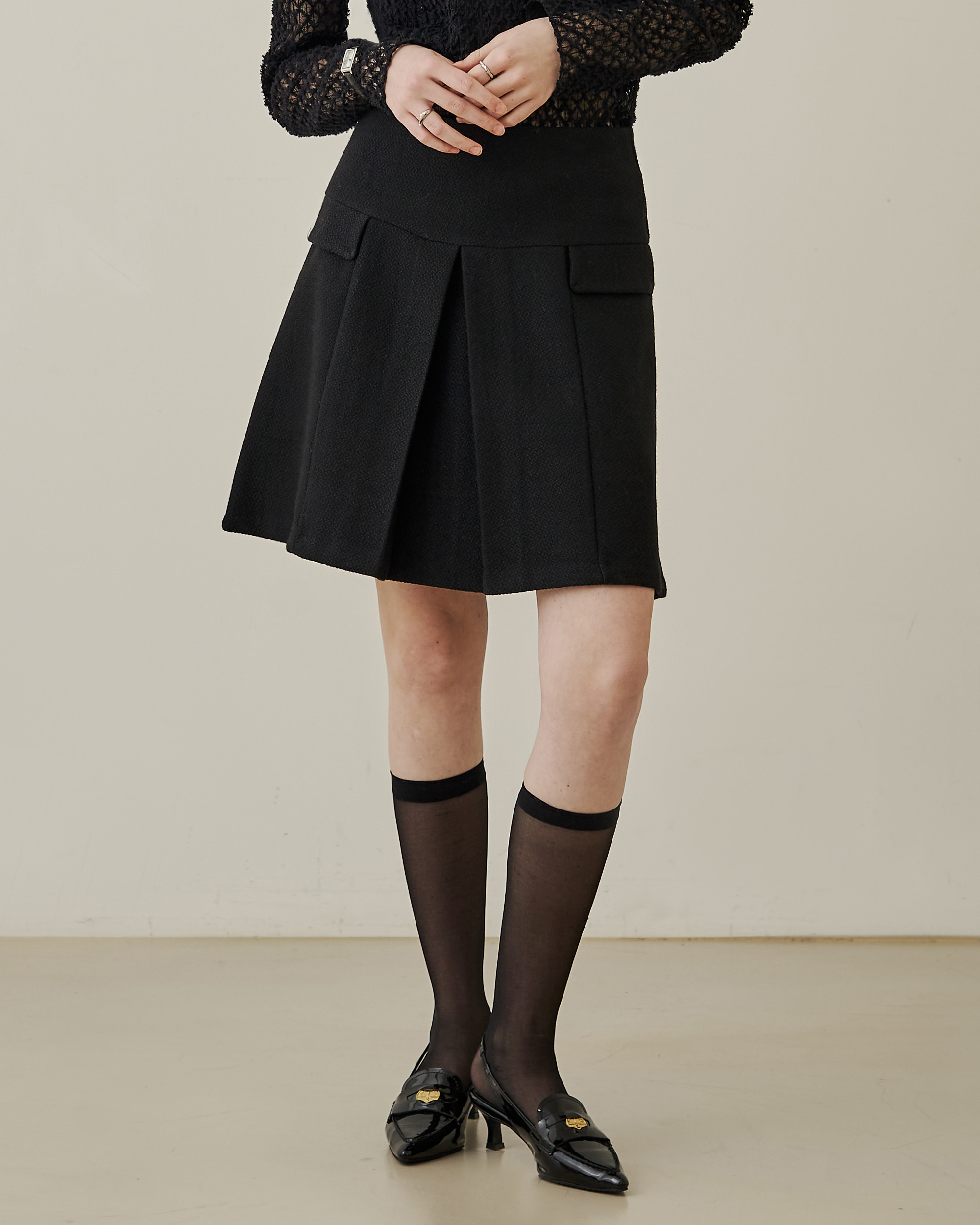 Mong slit side pocket wool tweed midi skirt - black