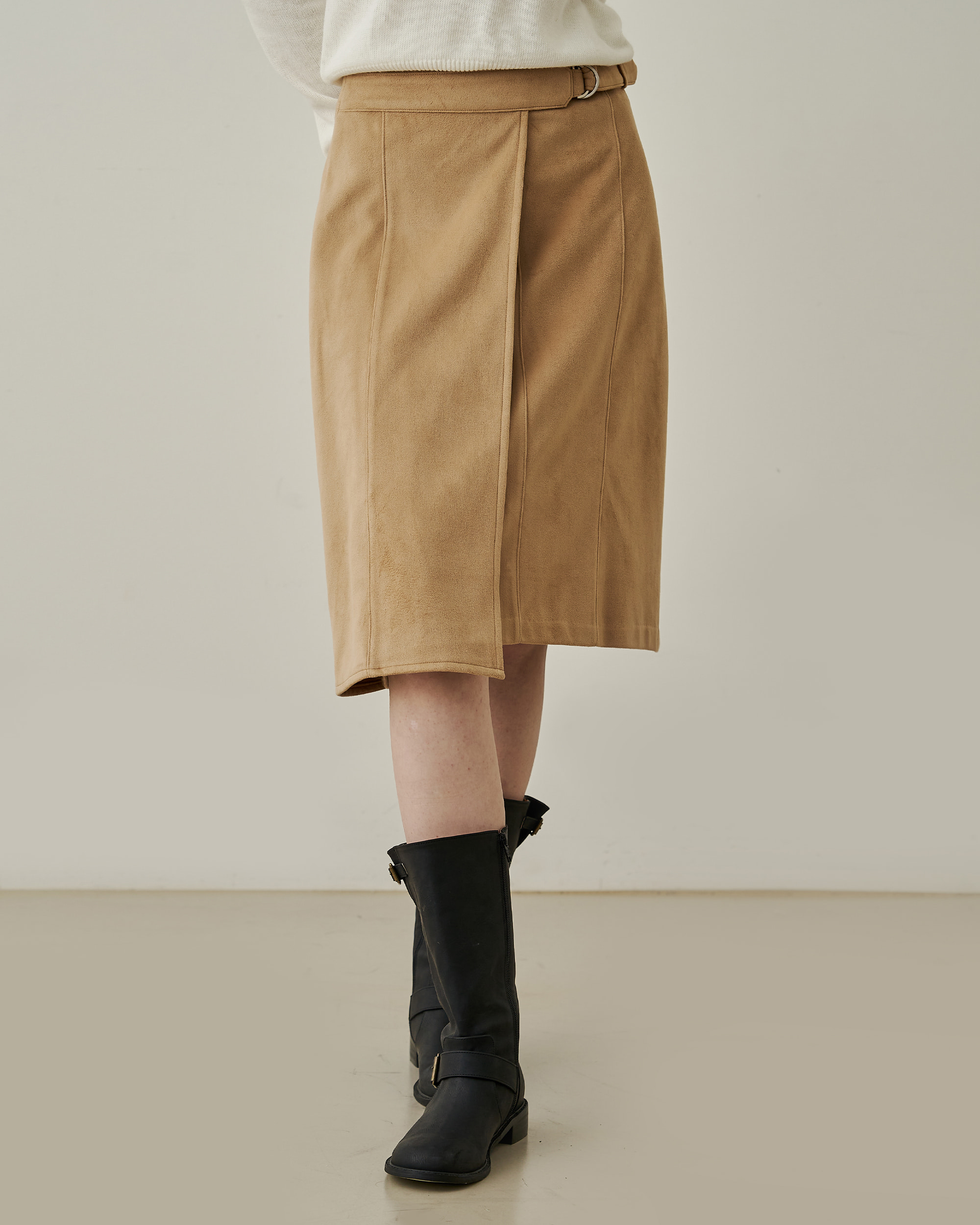 Tassy side belt soft midi skirt - beige