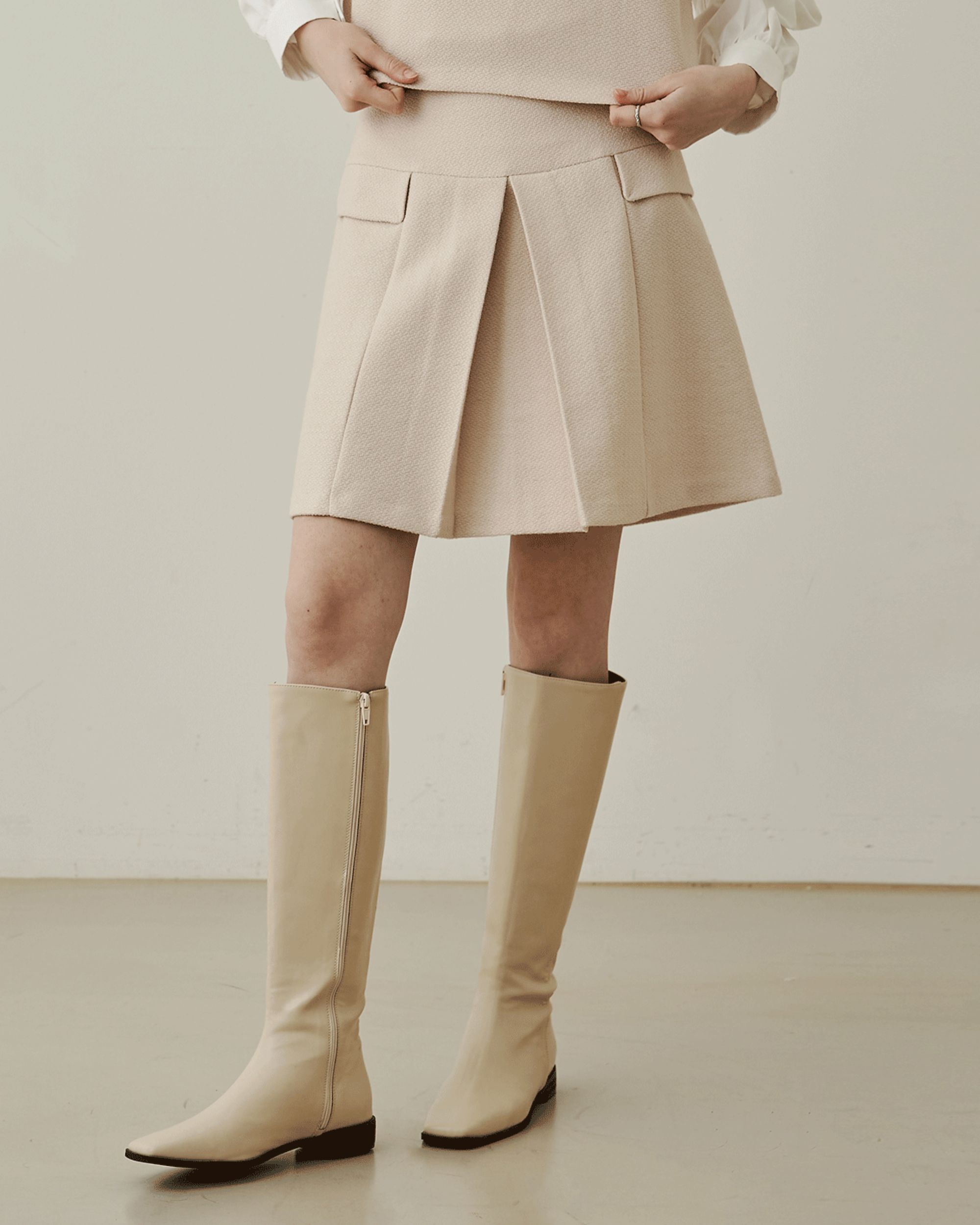Mong slit side pocket wool tweed midi skirt - pinkbeige