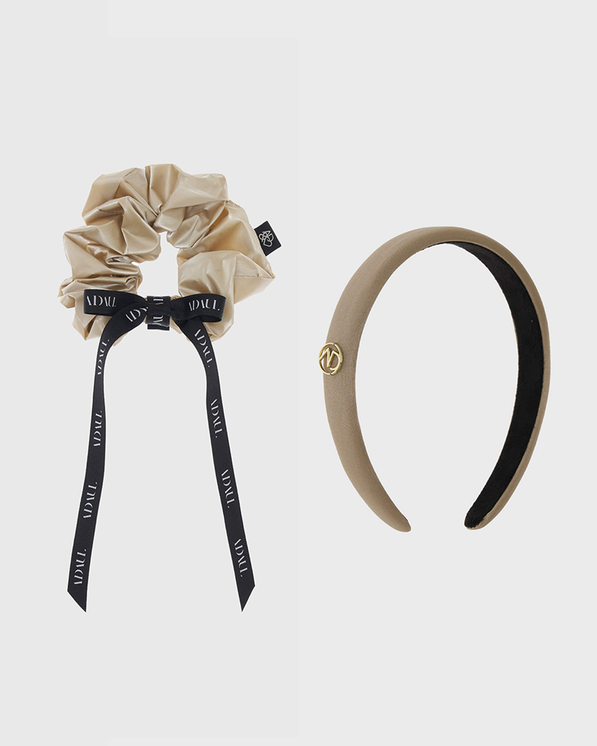 Qia ribbon scrunchy &amp; hairband set - beige